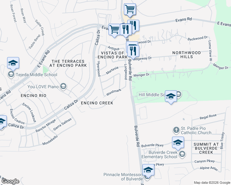 map of restaurants, bars, coffee shops, grocery stores, and more near 3446 Westmark in San Antonio