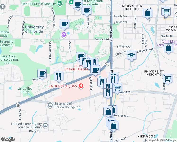 map of restaurants, bars, coffee shops, grocery stores, and more near 1600 Southwest Archer Road in Gainesville