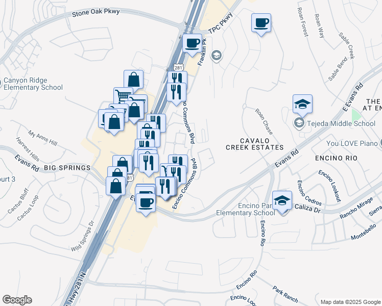 map of restaurants, bars, coffee shops, grocery stores, and more near Encino Commons in San Antonio