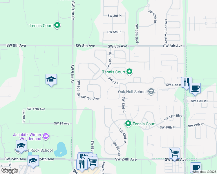 map of restaurants, bars, coffee shops, grocery stores, and more near 1404 Southwest 85th Terrace in Gainesville