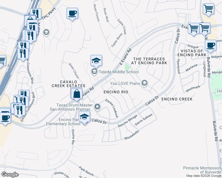 map of restaurants, bars, coffee shops, grocery stores, and more near 21626 Rio Comal in San Antonio