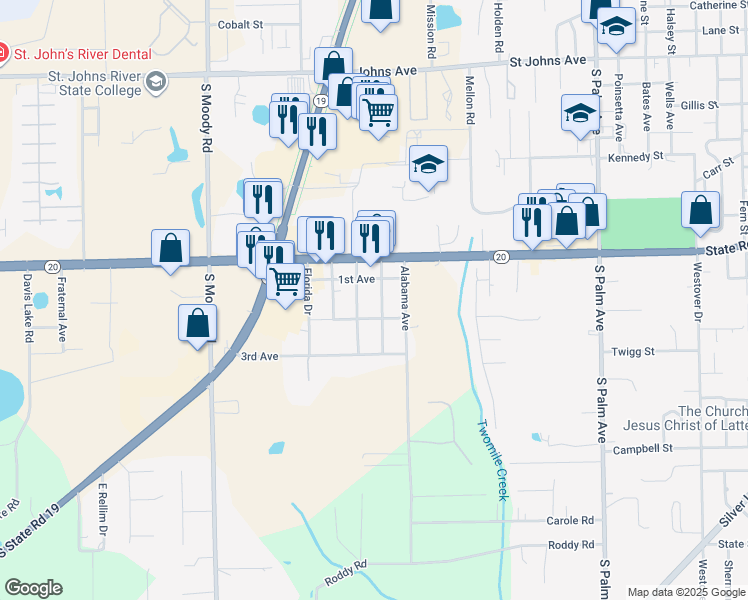 map of restaurants, bars, coffee shops, grocery stores, and more near 211 Oakwood Avenue in Palatka