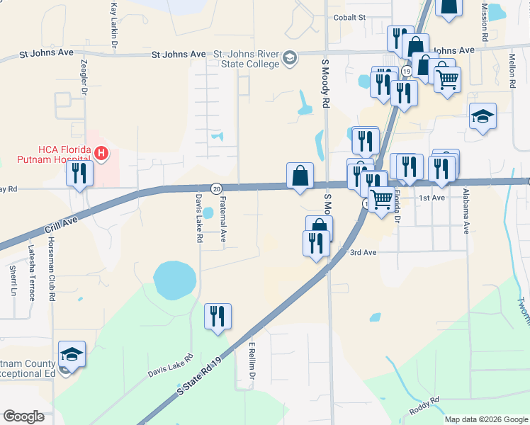 map of restaurants, bars, coffee shops, grocery stores, and more near 110 Corbett Road in Palatka