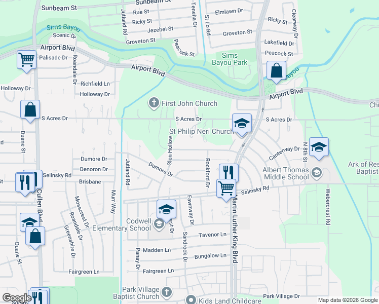 map of restaurants, bars, coffee shops, grocery stores, and more near 5234 Greylog Drive in Houston
