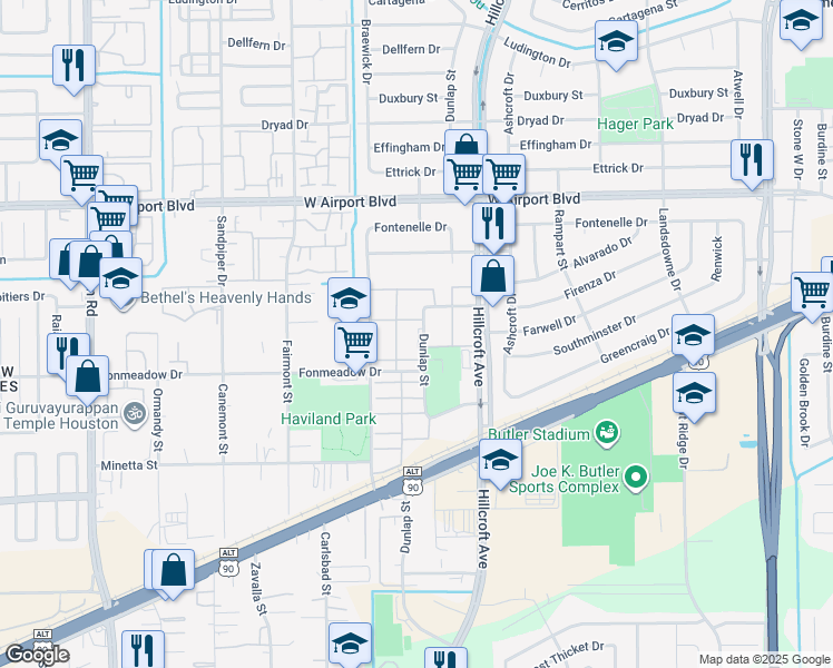 map of restaurants, bars, coffee shops, grocery stores, and more near 12500 Dunlap Street in Houston