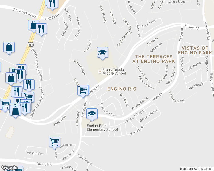 map of restaurants, bars, coffee shops, grocery stores, and more near 21322 Rio Sabinal in San Antonio