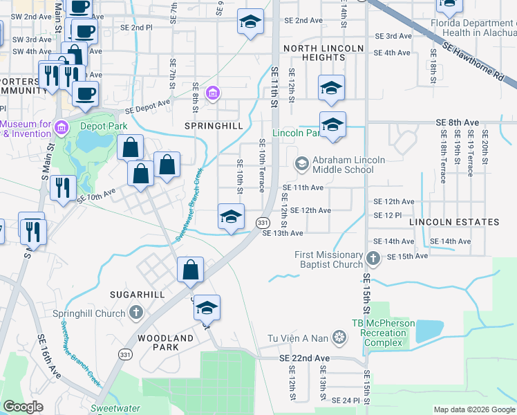 map of restaurants, bars, coffee shops, grocery stores, and more near 1034 Southeast 12th Avenue in Gainesville