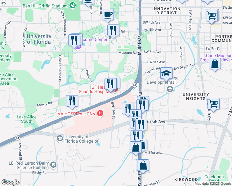 map of restaurants, bars, coffee shops, grocery stores, and more near 1600 Southwest Archer Road in Gainesville