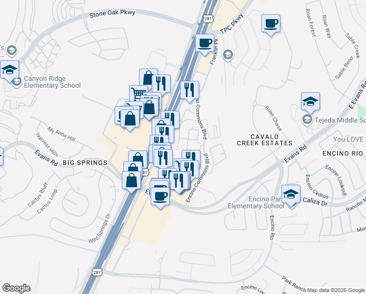 map of restaurants, bars, coffee shops, grocery stores, and more near 21303 Encino Commons in San Antonio