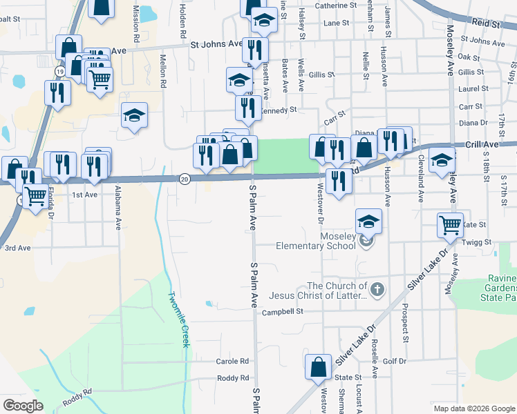 map of restaurants, bars, coffee shops, grocery stores, and more near 1121 South Palm Avenue in Palatka