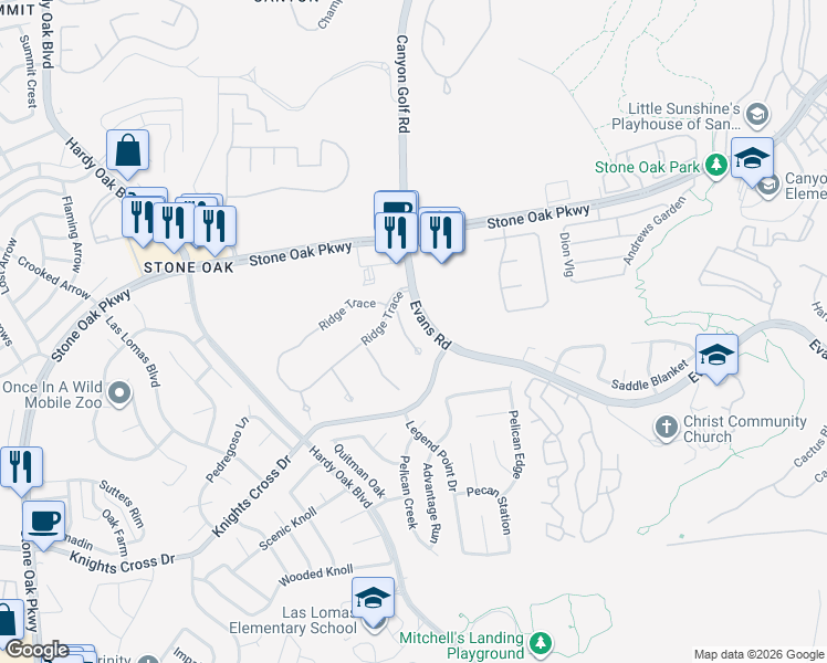 map of restaurants, bars, coffee shops, grocery stores, and more near 21326 Oak Ridge Court in San Antonio