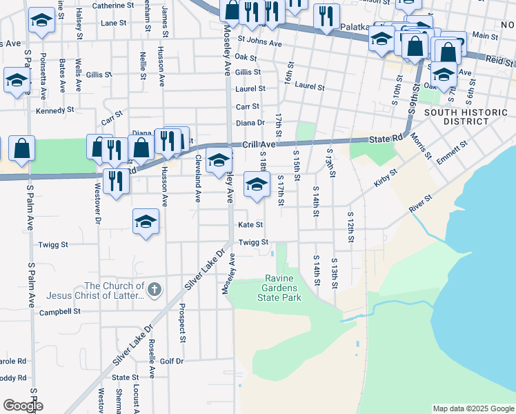 map of restaurants, bars, coffee shops, grocery stores, and more near 1100 South 18th Street in Palatka