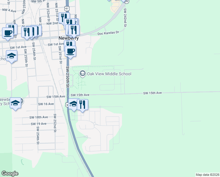 map of restaurants, bars, coffee shops, grocery stores, and more near 24404 Southwest 13th Lane in Newberry