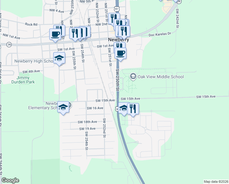 map of restaurants, bars, coffee shops, grocery stores, and more near 25075 Southwest 11th Court in Newberry