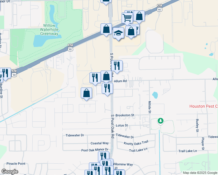 map of restaurants, bars, coffee shops, grocery stores, and more near 12912 South Post Oak Road in Houston