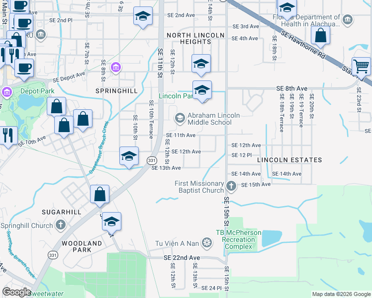 map of restaurants, bars, coffee shops, grocery stores, and more near 1246 Southeast 12th Avenue in Gainesville