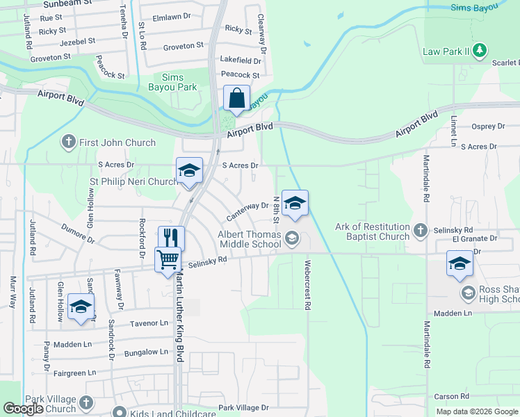 map of restaurants, bars, coffee shops, grocery stores, and more near 5630 Canterway Drive in Houston