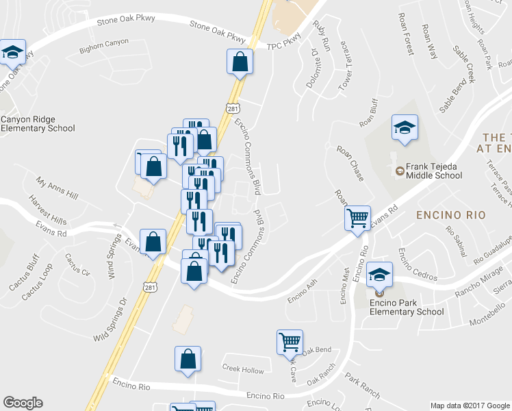 map of restaurants, bars, coffee shops, grocery stores, and more near 21303 Encino Commons in San Antonio