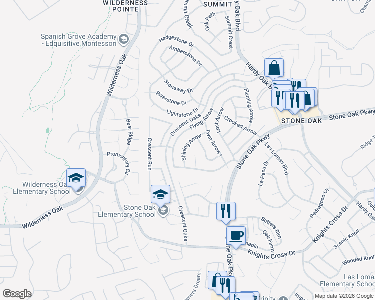 map of restaurants, bars, coffee shops, grocery stores, and more near 24822 Shining Arrow in San Antonio