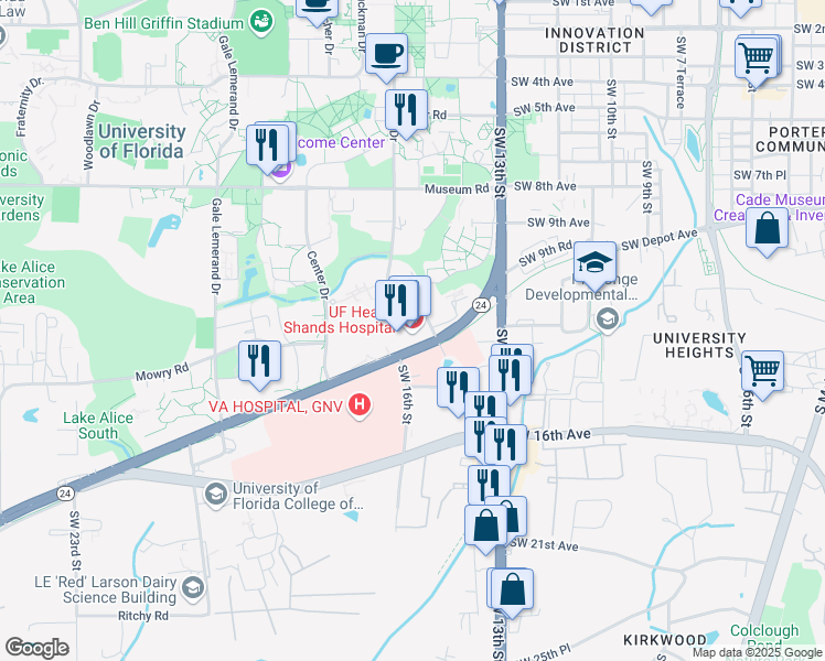 map of restaurants, bars, coffee shops, grocery stores, and more near 1600 Southwest Archer Road in Gainesville