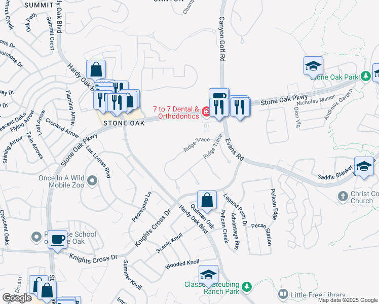 map of restaurants, bars, coffee shops, grocery stores, and more near 734 Ridge Trace in San Antonio