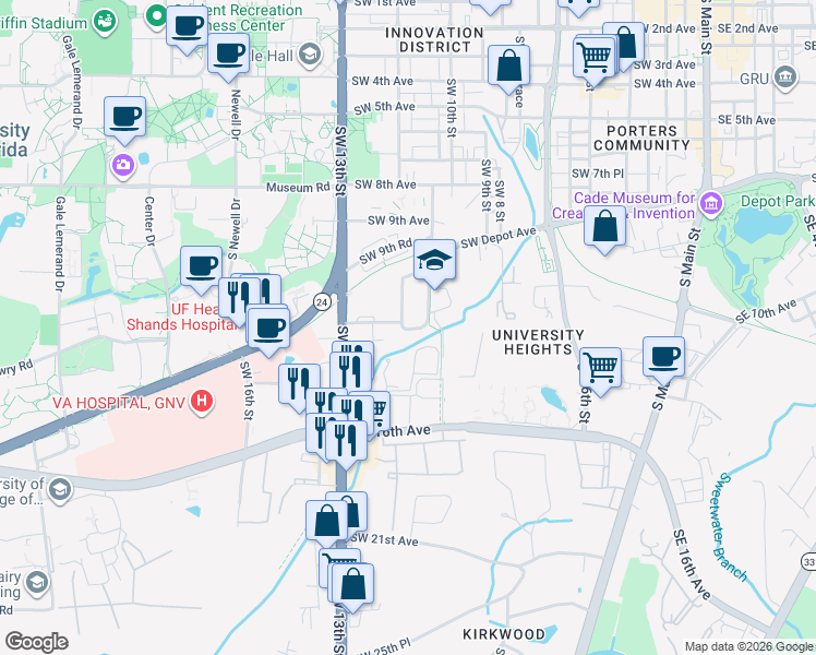 map of restaurants, bars, coffee shops, grocery stores, and more near 1122 Southwest 11th Street in Gainesville
