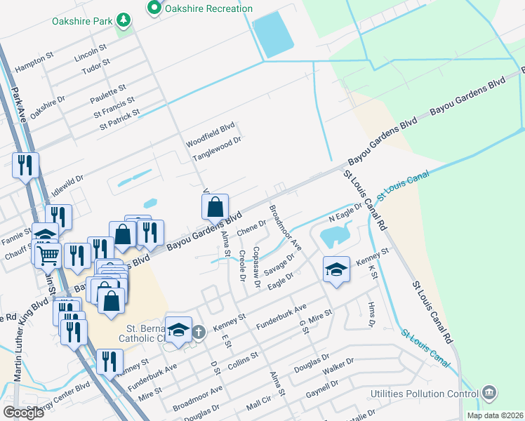 map of restaurants, bars, coffee shops, grocery stores, and more near 736 B Bayou Gardens Boulevard in Houma