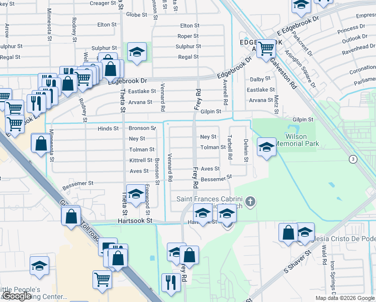 map of restaurants, bars, coffee shops, grocery stores, and more near 10430 Tolman Street in Houston