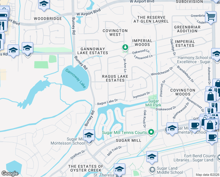 map of restaurants, bars, coffee shops, grocery stores, and more near 1406 Vickery Drive in Sugar Land