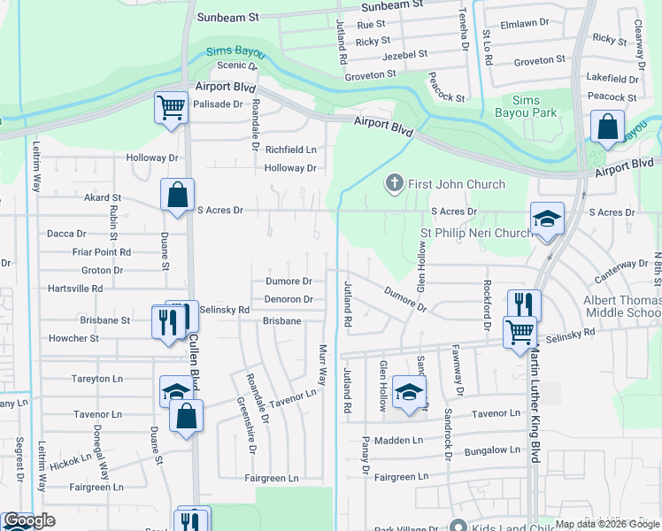 map of restaurants, bars, coffee shops, grocery stores, and more near 10919 Murr Way in Houston