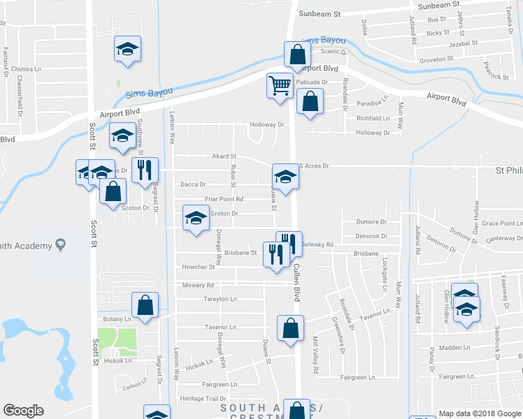 map of restaurants, bars, coffee shops, grocery stores, and more near 4411 Groton Drive in Houston