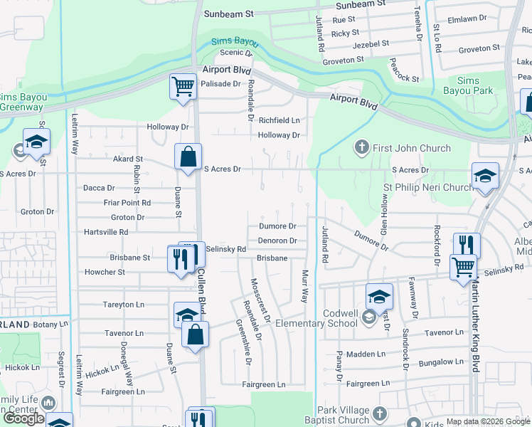 map of restaurants, bars, coffee shops, grocery stores, and more near 10907 Mosscrest Drive in Houston