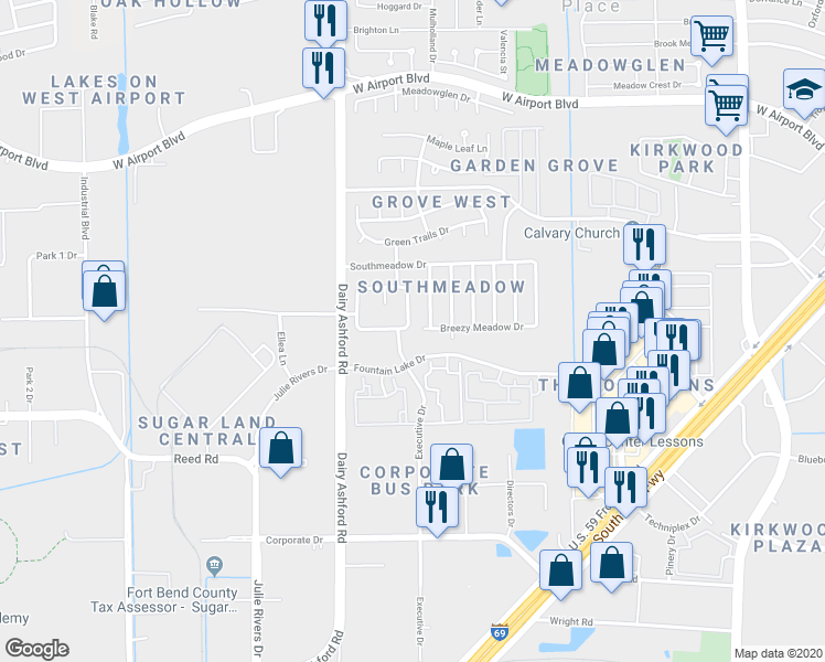 map of restaurants, bars, coffee shops, grocery stores, and more near 12423 Jersey Meadow Drive in Stafford