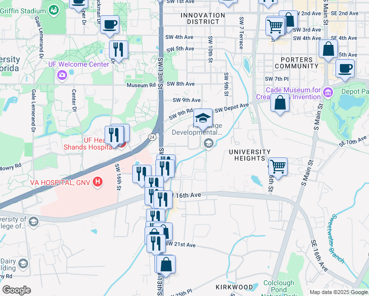 map of restaurants, bars, coffee shops, grocery stores, and more near 1139 Southwest 11th Avenue in Gainesville