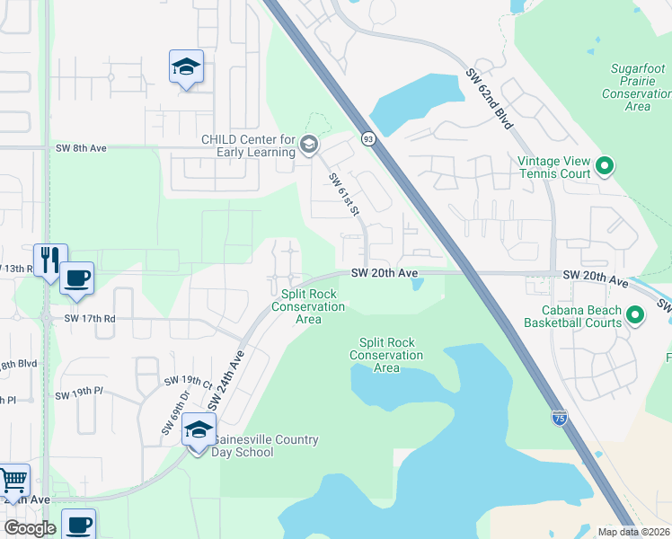 map of restaurants, bars, coffee shops, grocery stores, and more near 1320 Southwest 61st Terrace in Gainesville