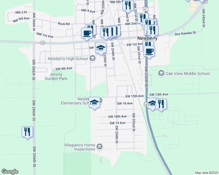 map of restaurants, bars, coffee shops, grocery stores, and more near 1001 Southwest 255 Street in Newberry