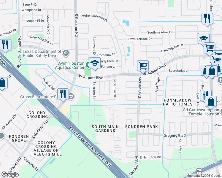 map of restaurants, bars, coffee shops, grocery stores, and more near 12427 Sungate Lane in Houston