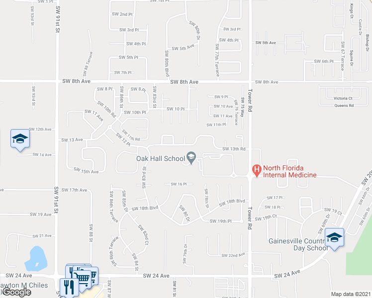 map of restaurants, bars, coffee shops, grocery stores, and more near 8009 Southwest 13th Road in Gainesville