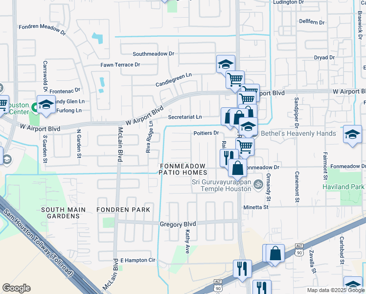 map of restaurants, bars, coffee shops, grocery stores, and more near 7802 Saintes Circle in Houston