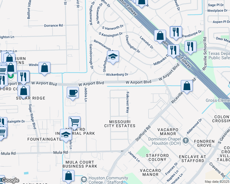 map of restaurants, bars, coffee shops, grocery stores, and more near 9735 Cymbal Drive in Stafford