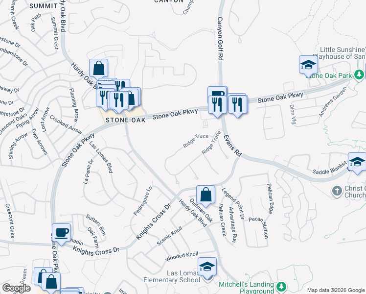 map of restaurants, bars, coffee shops, grocery stores, and more near 703 Ridge Trace in San Antonio