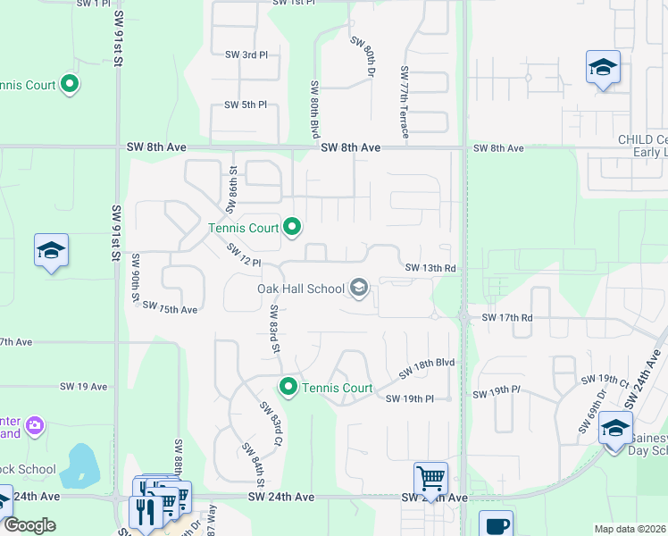 map of restaurants, bars, coffee shops, grocery stores, and more near 8009 Southwest 13th Road in Gainesville