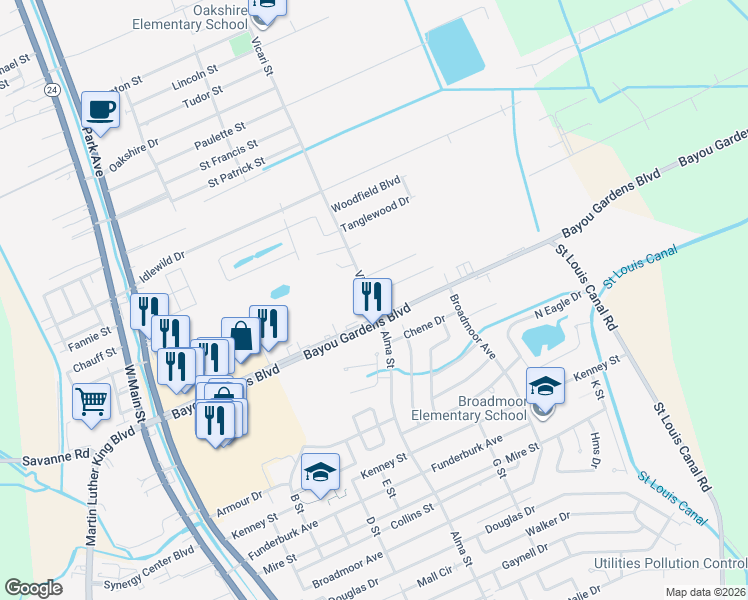 map of restaurants, bars, coffee shops, grocery stores, and more near 400 Christopher Drive in Houma