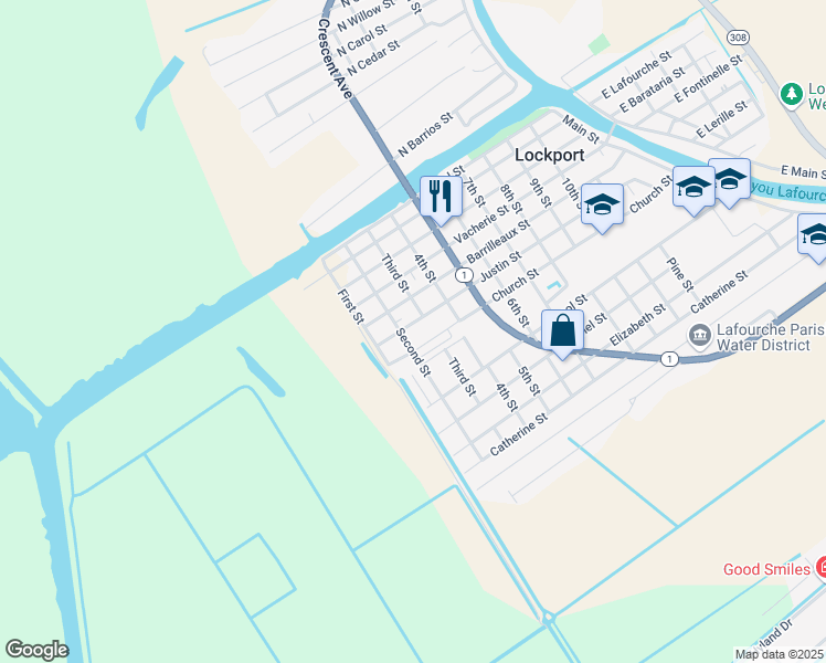 map of restaurants, bars, coffee shops, grocery stores, and more near 915 Justin Street in Lockport
