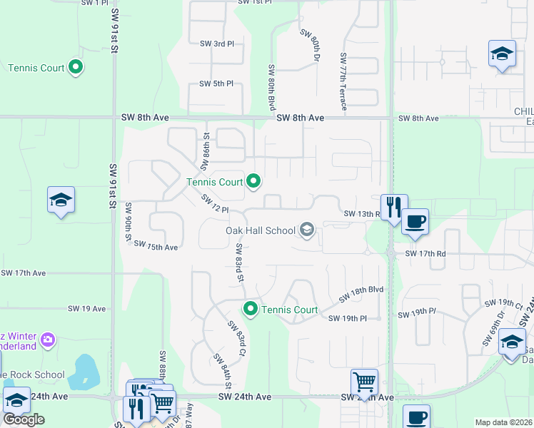 map of restaurants, bars, coffee shops, grocery stores, and more near 8129 Southwest 13th Road in Gainesville