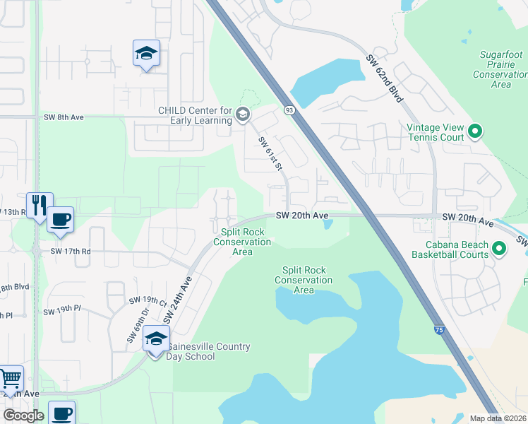 map of restaurants, bars, coffee shops, grocery stores, and more near 1320 Southwest 61st Terrace in Gainesville