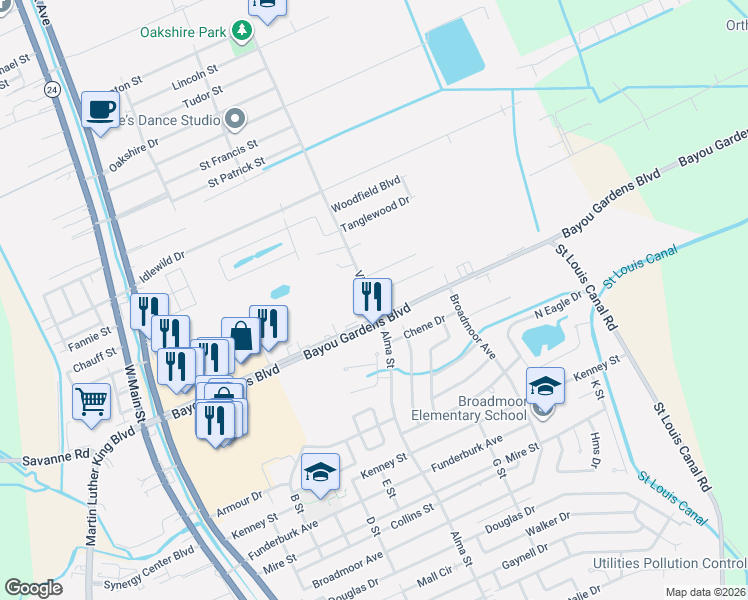 map of restaurants, bars, coffee shops, grocery stores, and more near 400 Christopher Drive in Houma