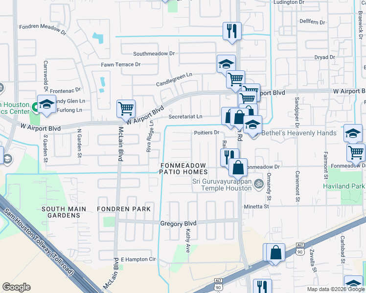 map of restaurants, bars, coffee shops, grocery stores, and more near 7802 Saintes Circle in Houston