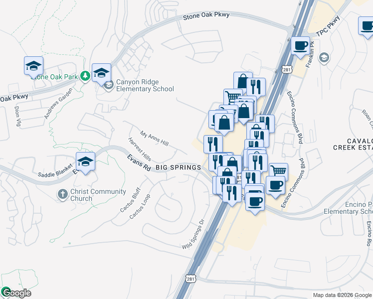 map of restaurants, bars, coffee shops, grocery stores, and more near 2011 My Anns Hill in San Antonio