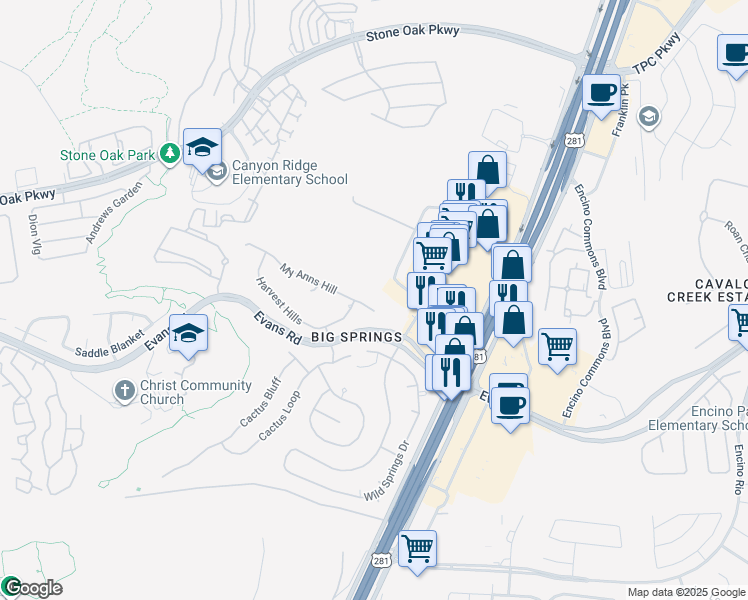 map of restaurants, bars, coffee shops, grocery stores, and more near 2011 My Anns Hill in San Antonio